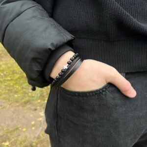 Unisex odinė apyrankė su onikso akmeniu ir hematitu