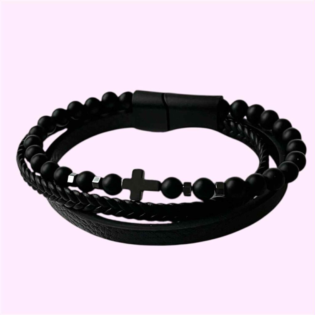 Unisex odinė apyrankė su onikso akmeniu ir hematitu