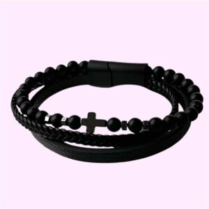 Unisex odinė apyrankė su onikso akmeniu ir hematitu