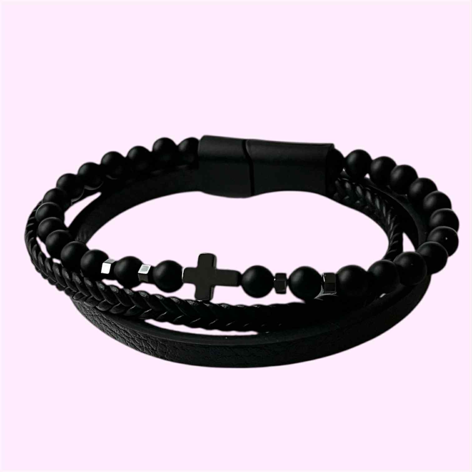 Unisex odinė apyrankė su onikso akmeniu ir hematitu