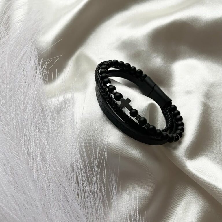 Unisex odinė apyrankė su onikso akmeniu ir hematitu