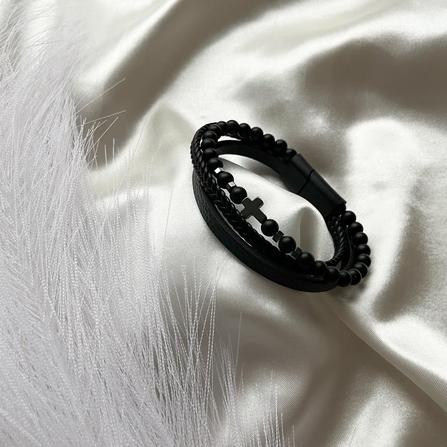 Unisex odinė apyrankė su onikso akmeniu ir hematitu - Image 2